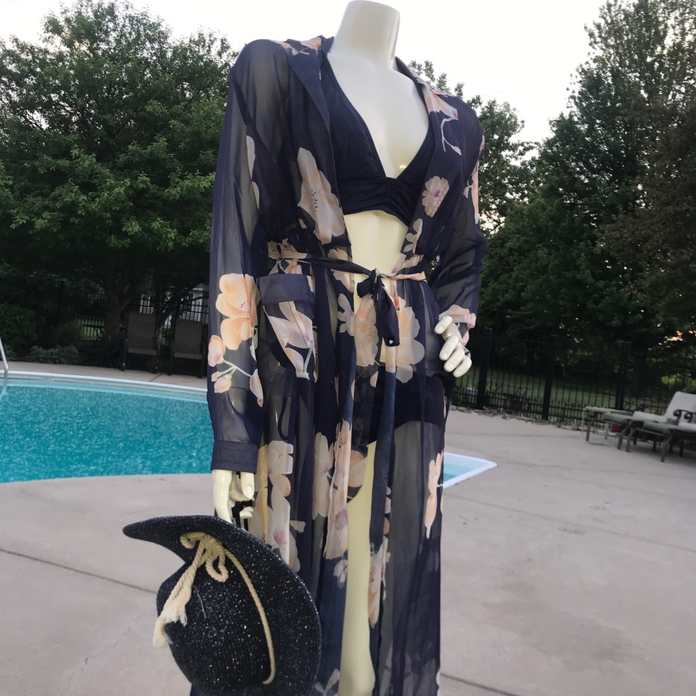 SHEER floral long 3/4 sleeve duster maxi COVER UP - Picture 12 of 16